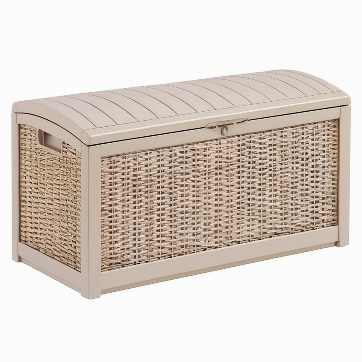 Coffre de rangement extérieur 120 x 56 x 63 cm en résine beige tressée avec couvercle