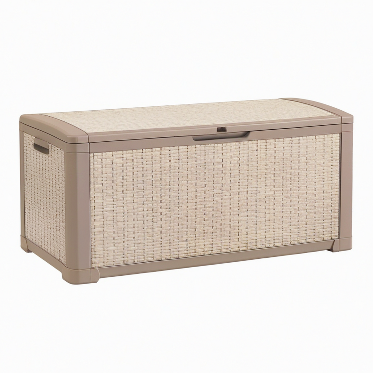 Coffre de rangement extérieur 117 x 55 x 64 cm en résine tressée taupe avec couvercle