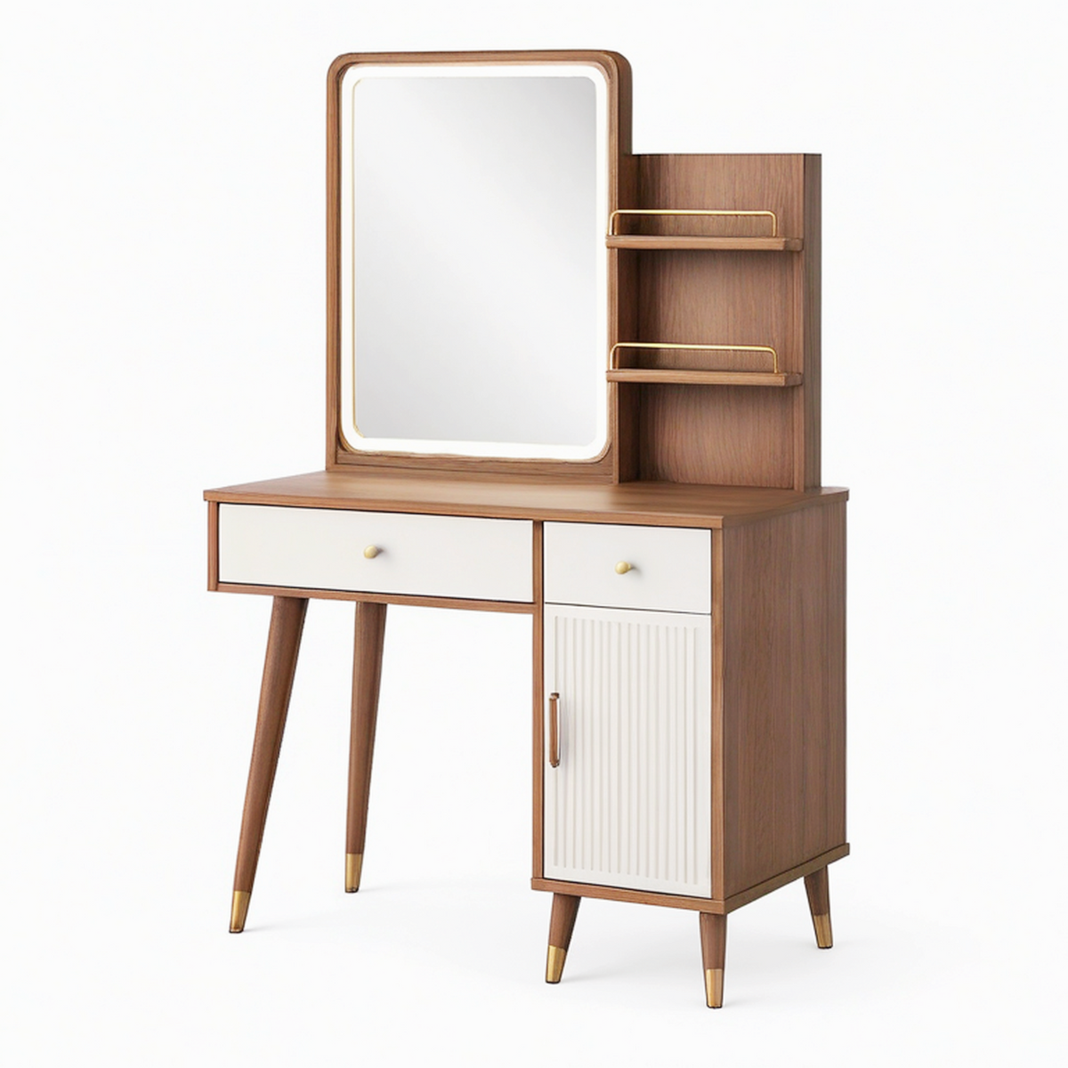 Coiffeuse 90 x 45 x 155 cm en bois marron et blanc avec miroir éclairé et rangements style moderne