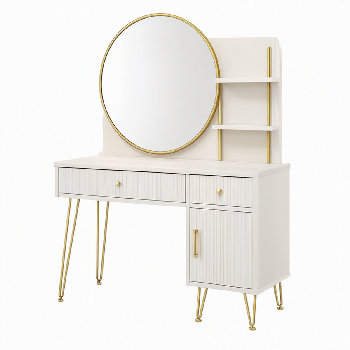 Coiffeuse 100 x 45 x 140 cm en panneau de bois blanc et métal doré avec miroir rond et rangements