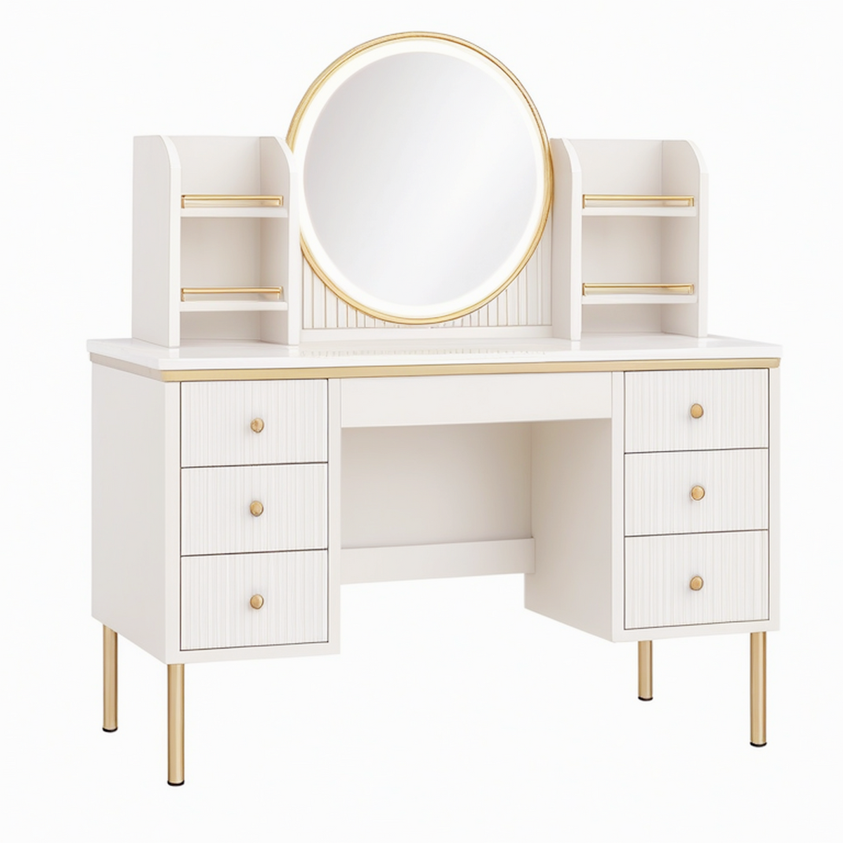 Coiffeuse 120 x 45 x 150 cm blanche et dorée en panneaux de bois avec miroir éclairé et rangements