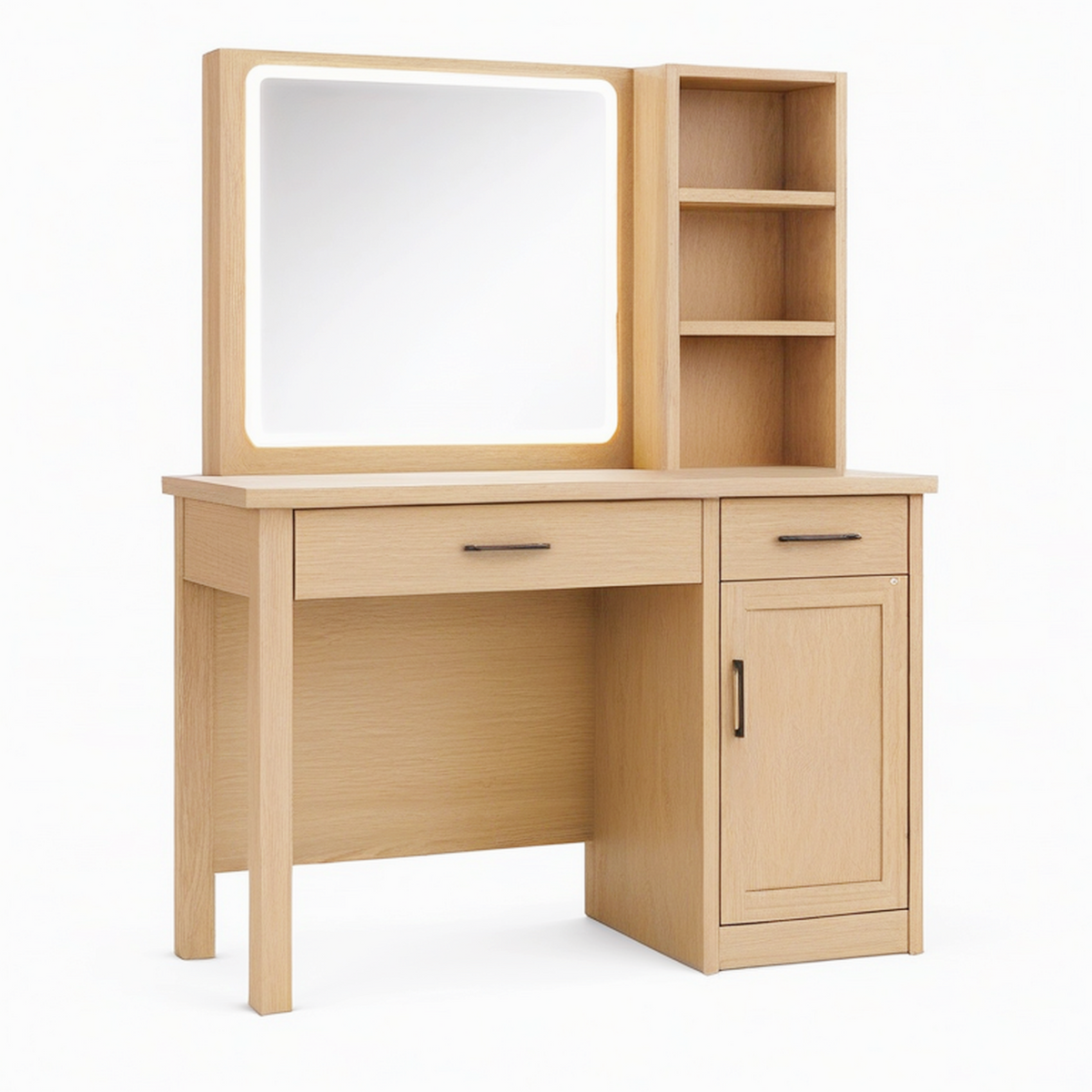 Coiffeuse 100 x 45 x 160 cm effet bois naturel avec miroir lumineux et rangements