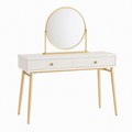 Coiffeuse 100 x 40 x 145 cm en panneaux de bois blanc et métal doré avec miroir rond et 2 tiroirs