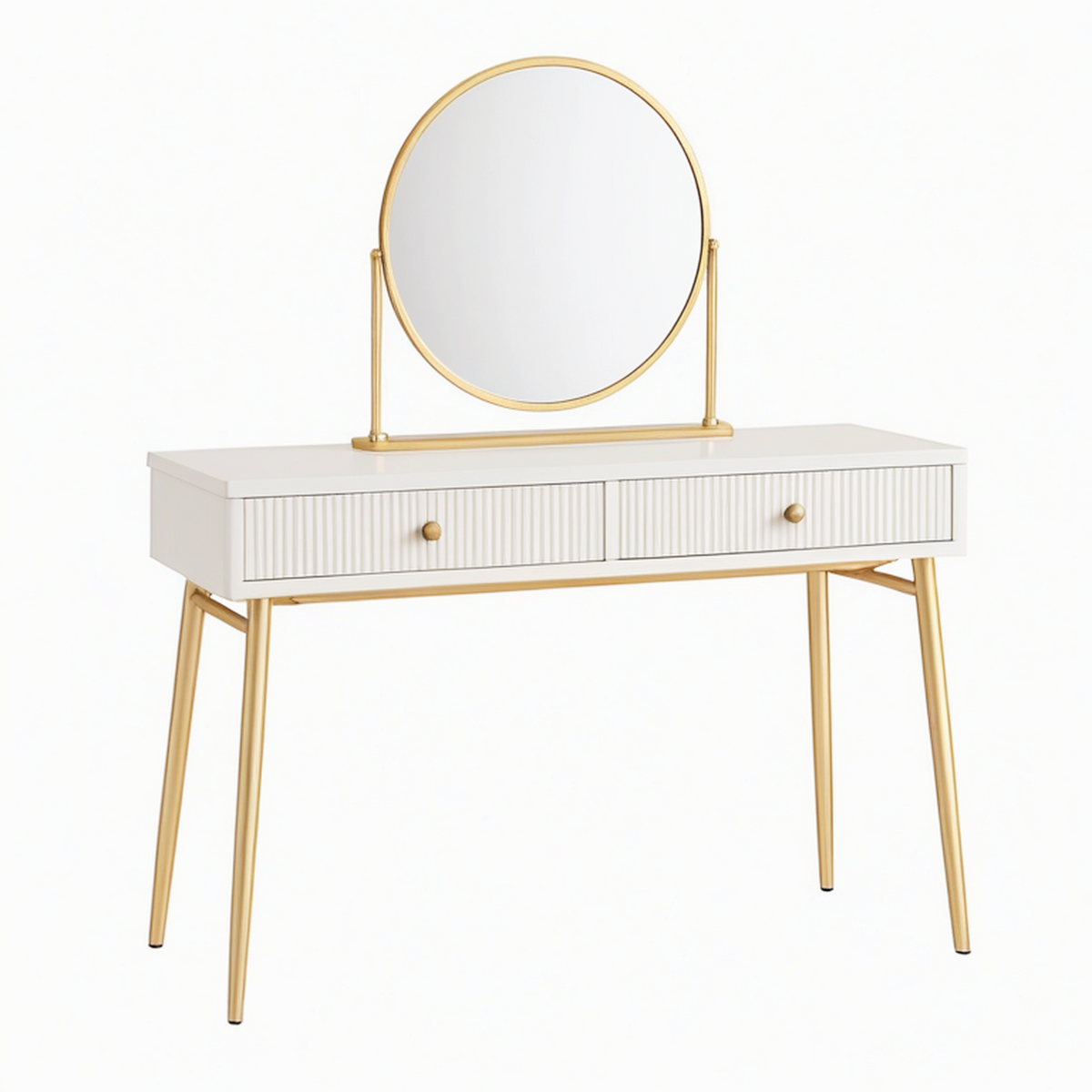 Coiffeuse 100 x 40 x 145 cm en panneaux de bois blanc et métal doré avec miroir rond et 2 tiroirs