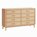 Commode 140 cm en bois naturel et cannage beige à 8 tiroirs style rétro