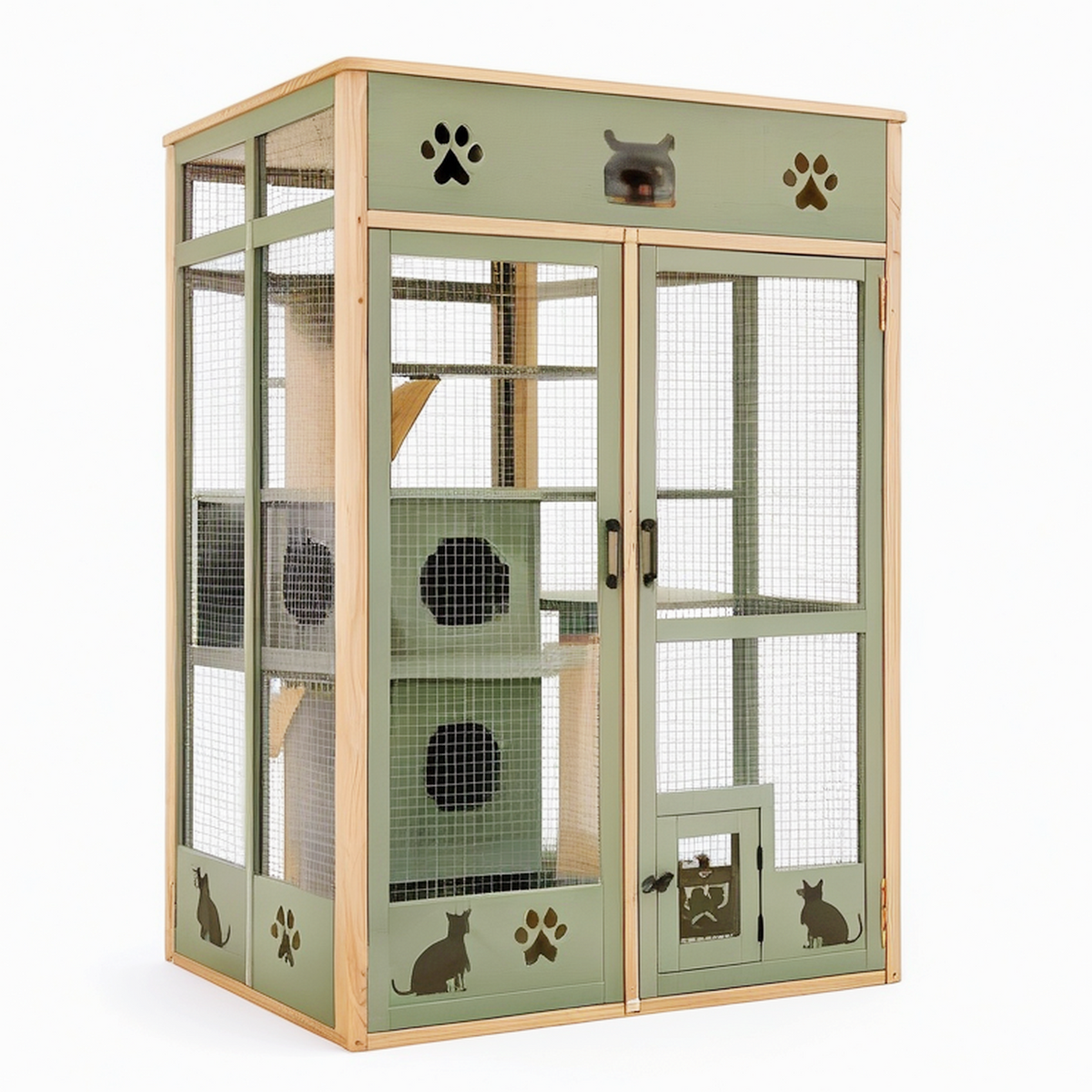 Enclos pour chat 120 x 60 x 180 cm bois et métal vert naturel avec plateformes et griffoirs