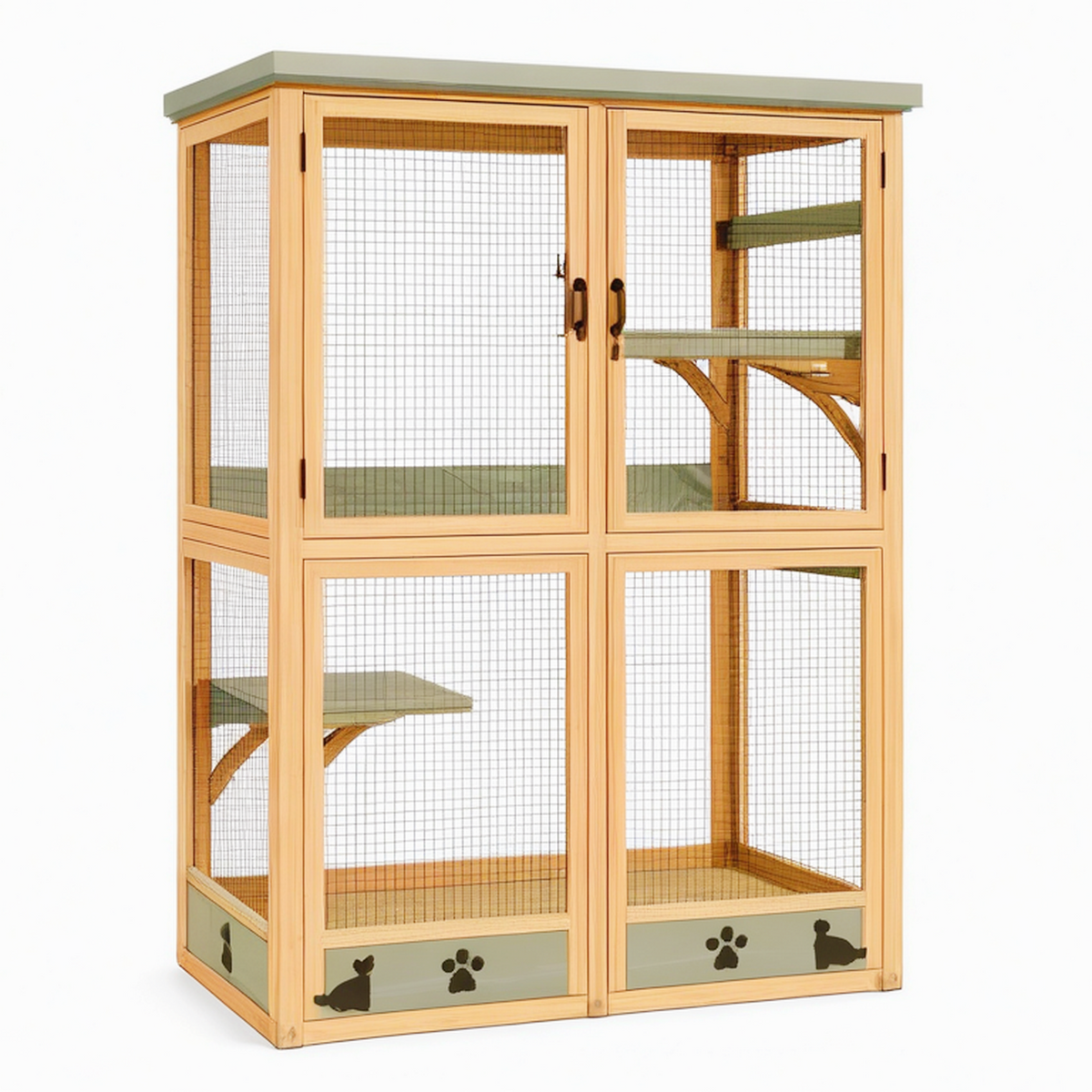 Cage pour chat 120 x 60 x 180 cm en bois naturel vert avec grillage et plateformes