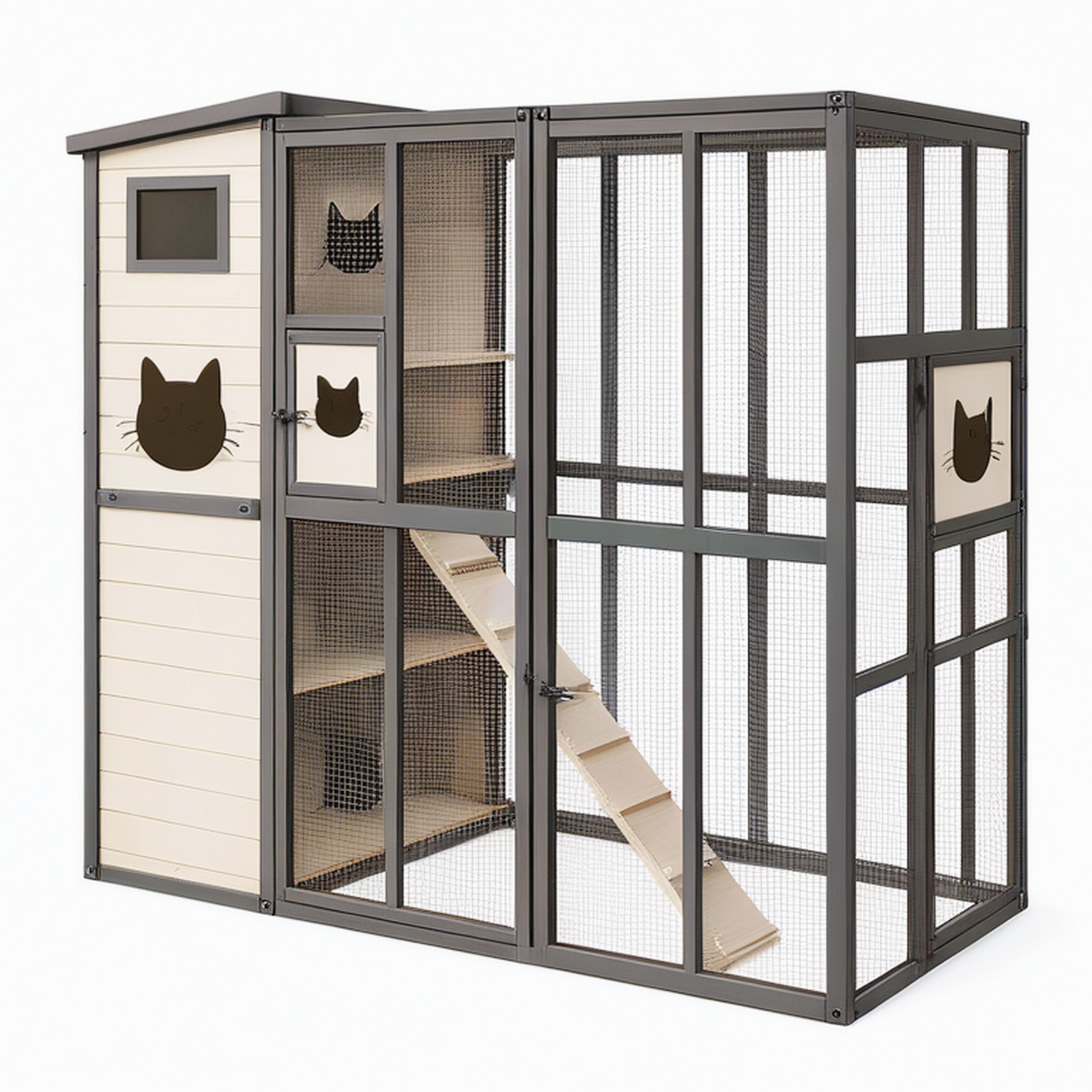 Enclos pour chat 180 x 120 x 180 cm en métal et panneaux beige noir avec abri et plateformes