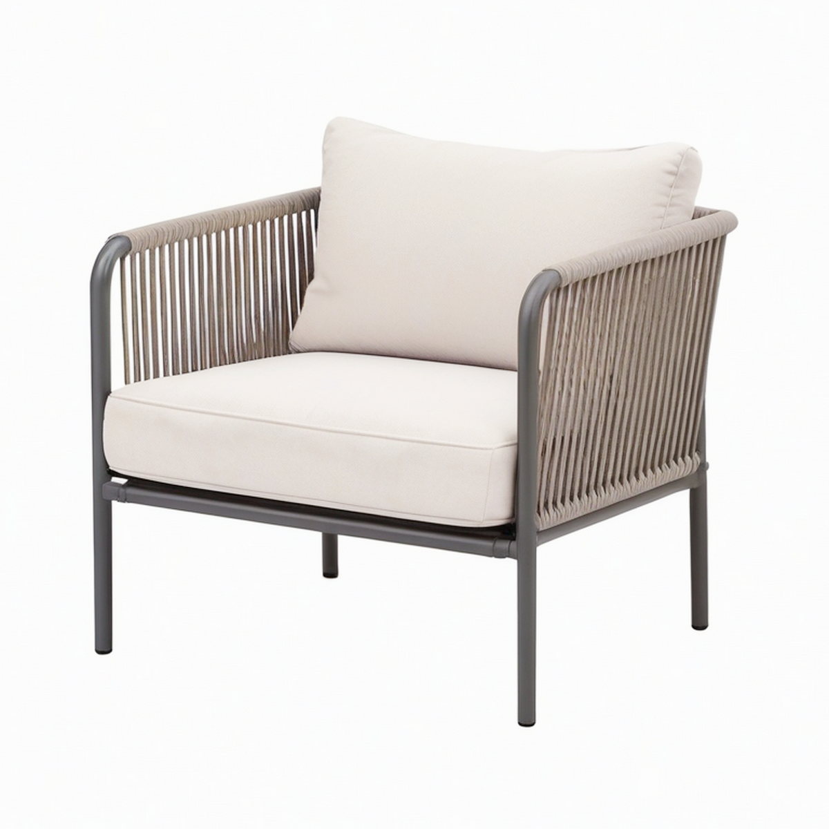 Fauteuil de jardin 72 x 75 x 78 cm en métal et corde taupe avec coussins style contemporain