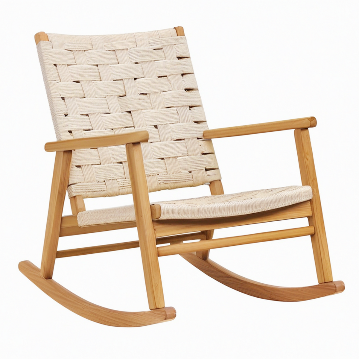 Fauteuil à bascule 65 x 90 x 100 cm en bois marron et corde tressée beige style naturel