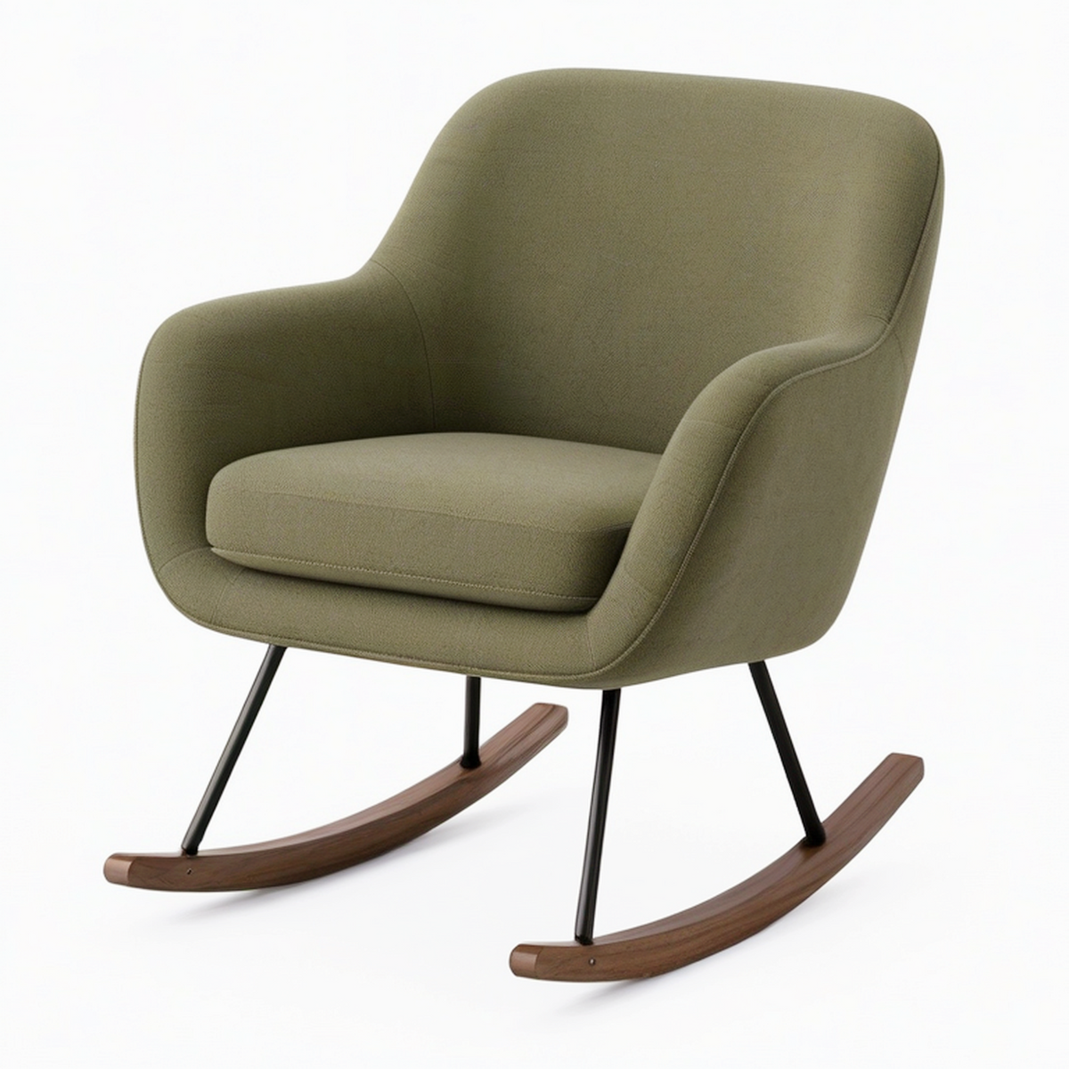 Fauteuil à bascule 70 x 90 x 98 cm en tissu vert olive avec piètement en bois et métal style contemporain